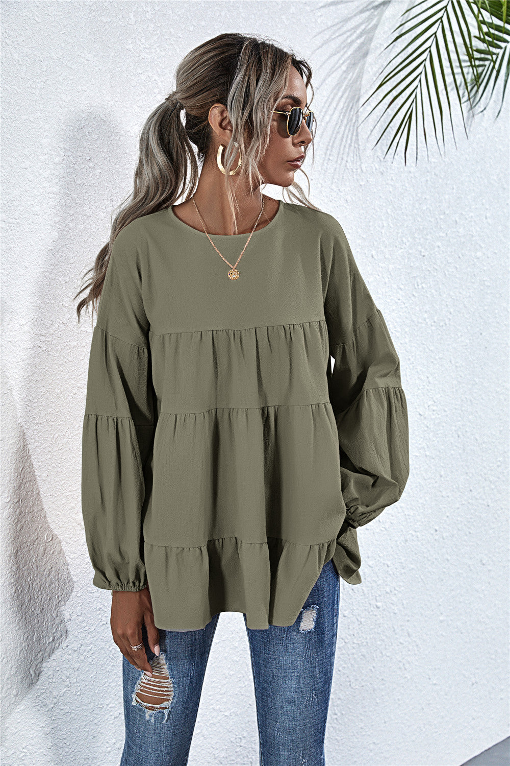 Blusa de manga larga con volantes fruncidos 