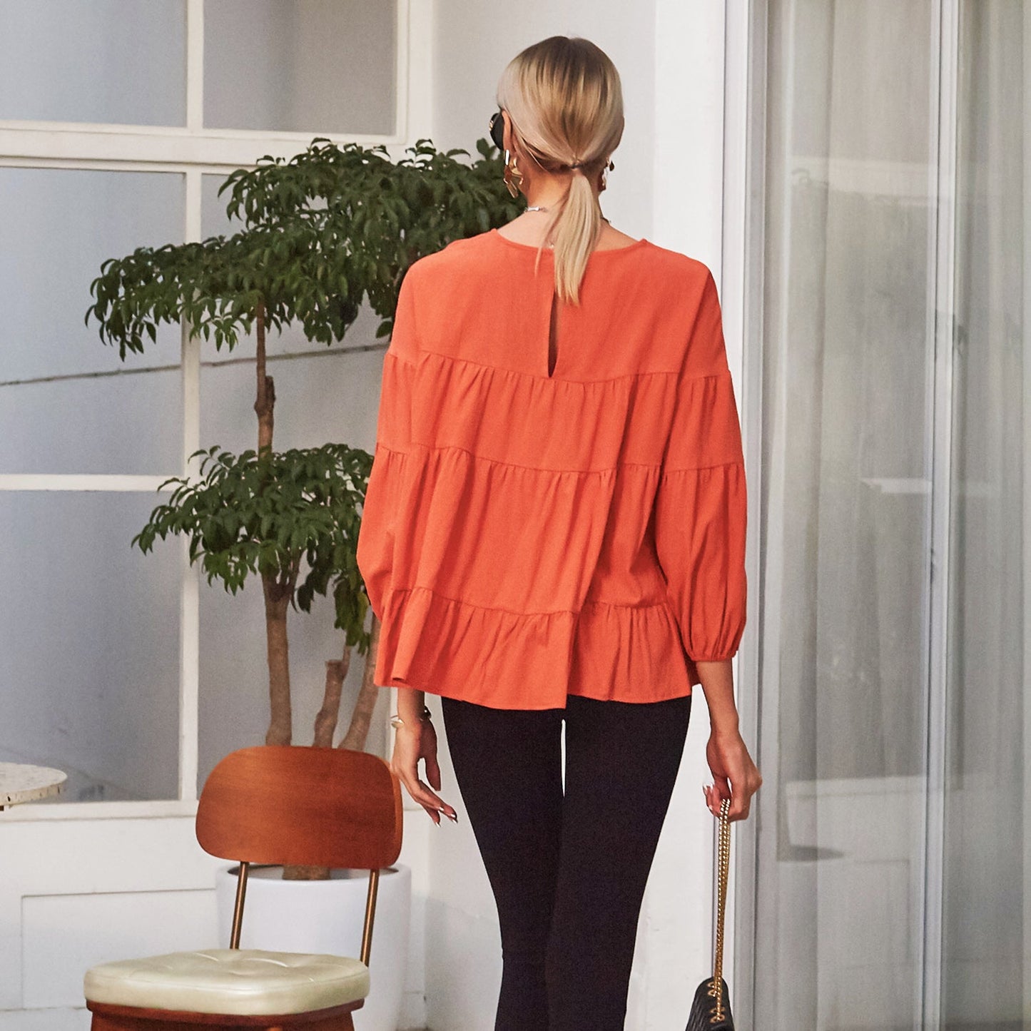 Blusa de manga larga con volantes fruncidos 