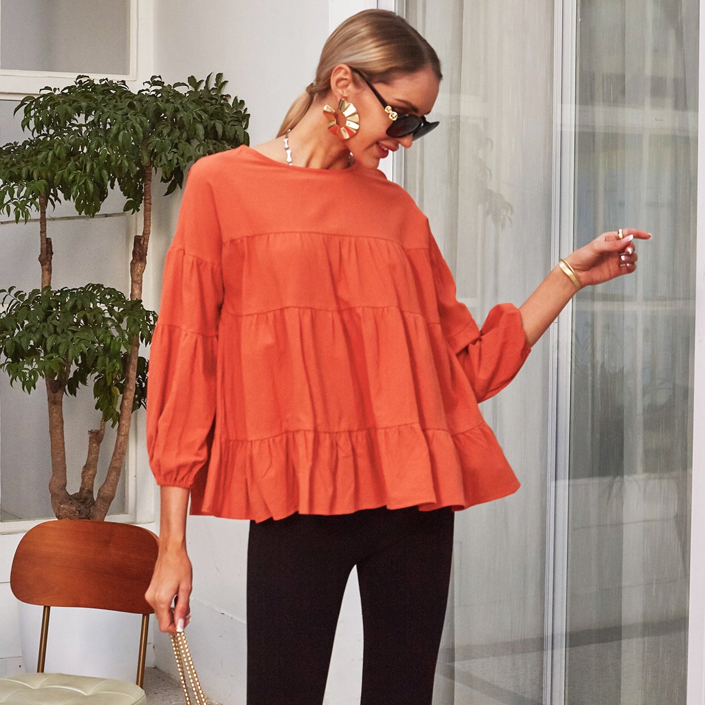 Blusa de manga larga con volantes fruncidos 