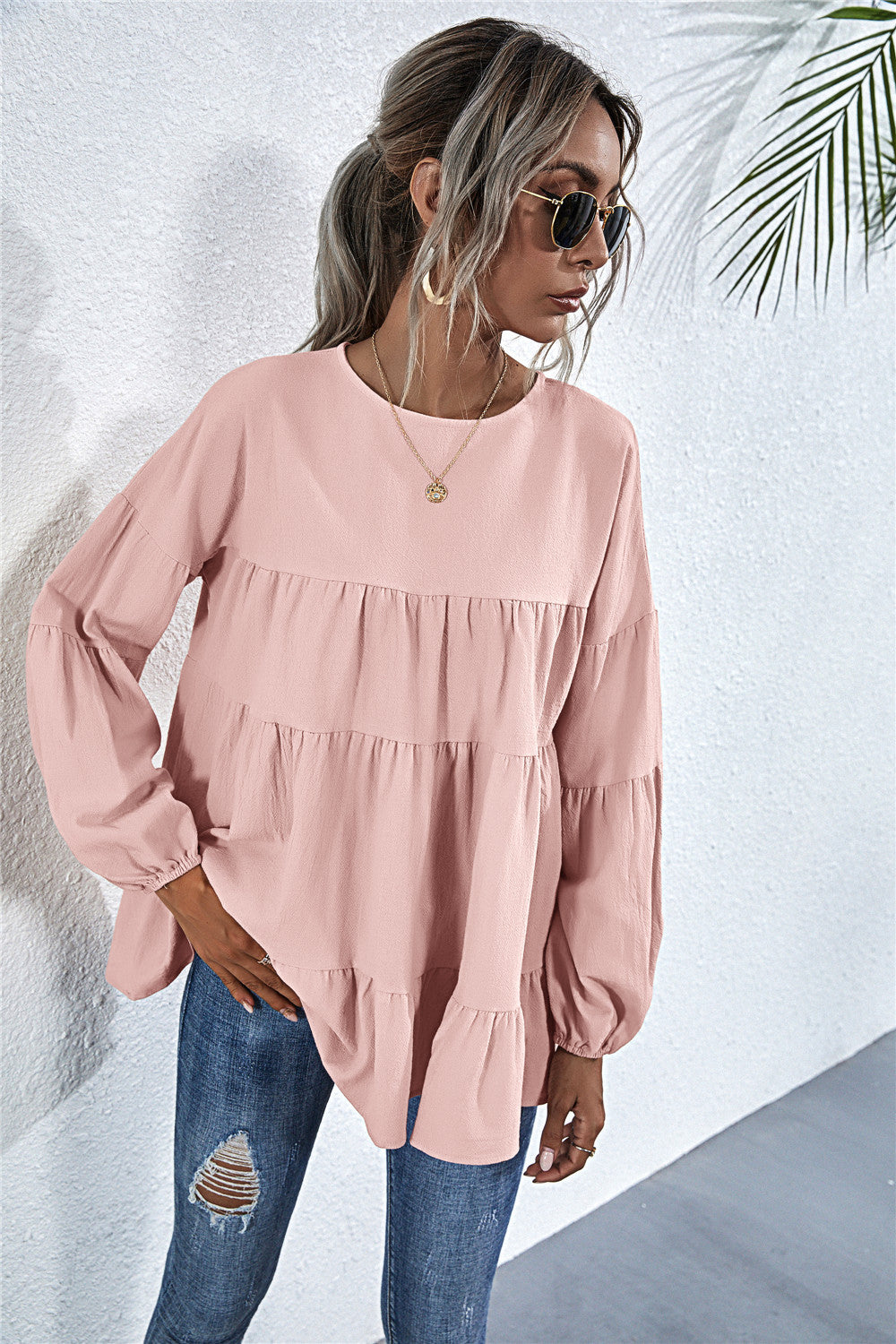 Blusa de manga larga con volantes fruncidos 