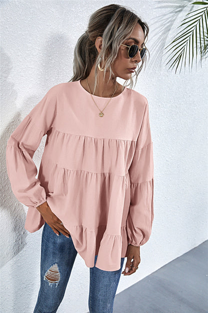 Blusa de manga larga con volantes fruncidos 