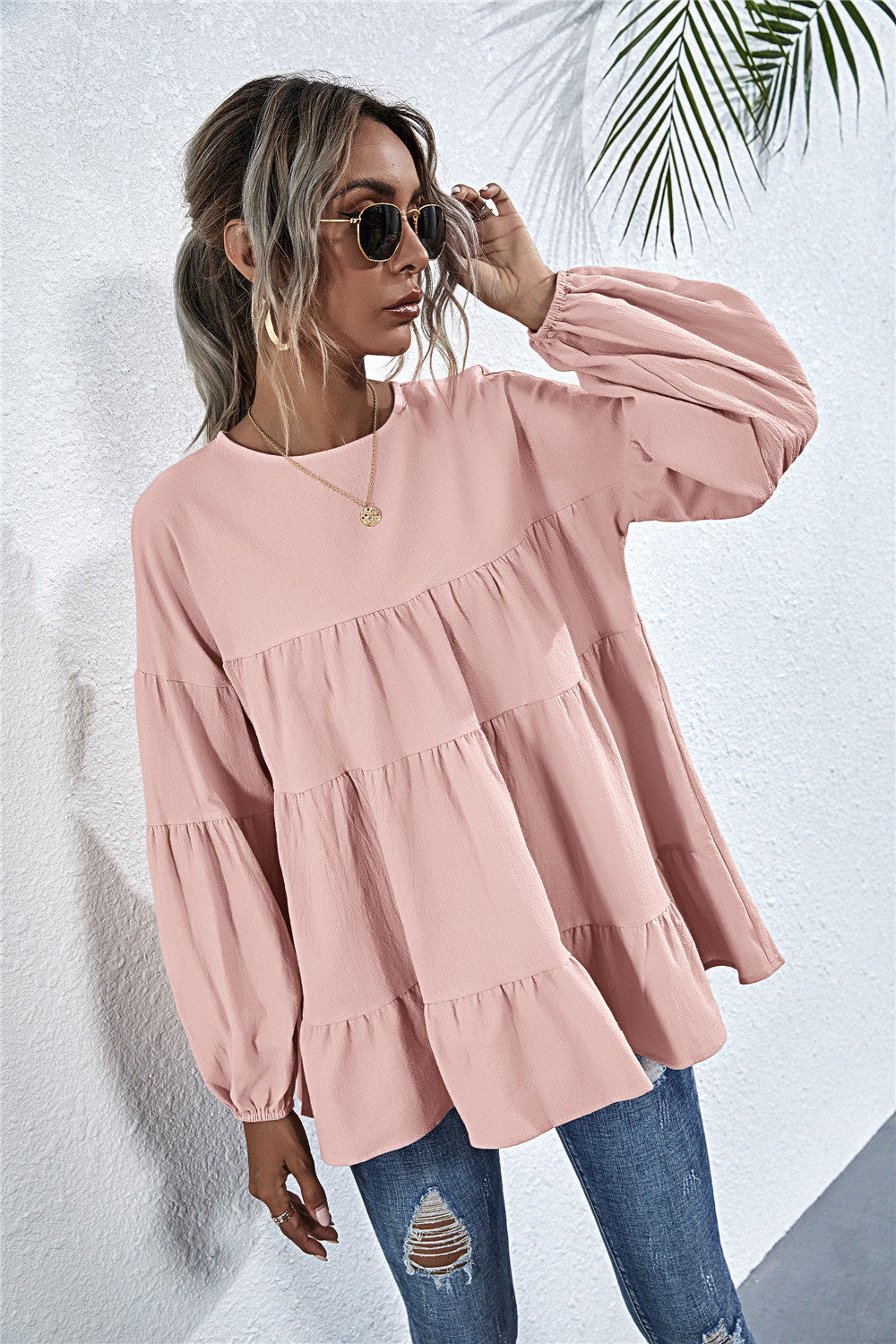 Blusa de manga larga con volantes fruncidos 