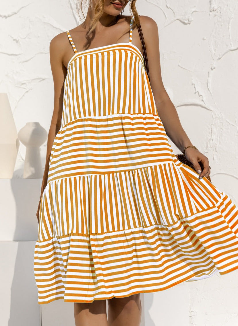 Vestido babydoll con volantes de rayas primaverales 