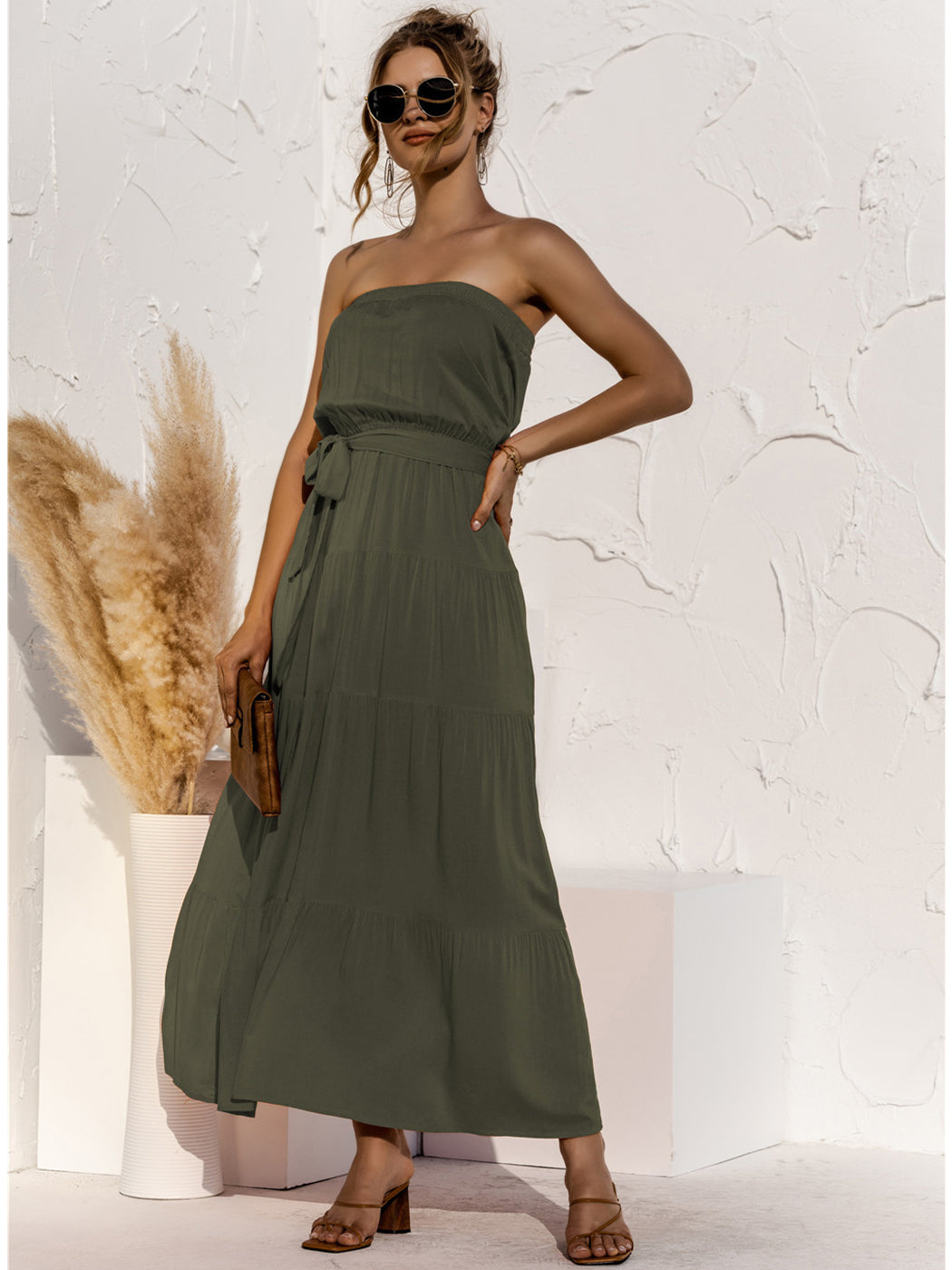 Strapless Maxi Dress Boho Tied Waist Casual A Line Ankle Length Womens Anna-Kaci Strapless Maxi Dress Boho Tied Waist Casual A Line Ankle Length Womens Anna-Kaci