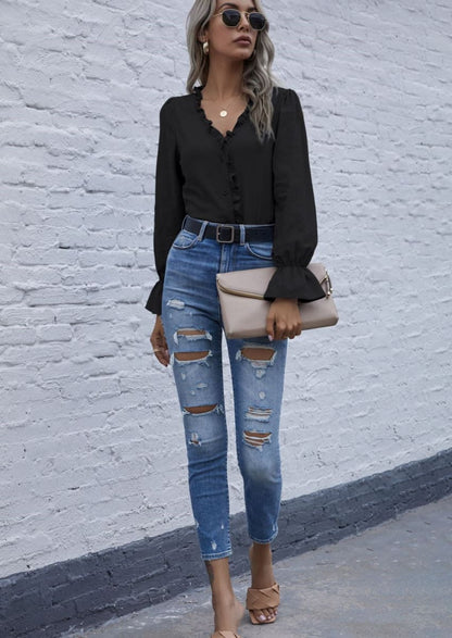 Ruffle Trim Button Down Blouse