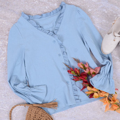 Ruffle Trim Button Down Blouse