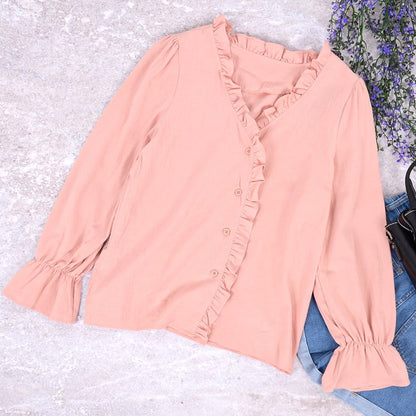 Ruffle Trim Button Down Blouse