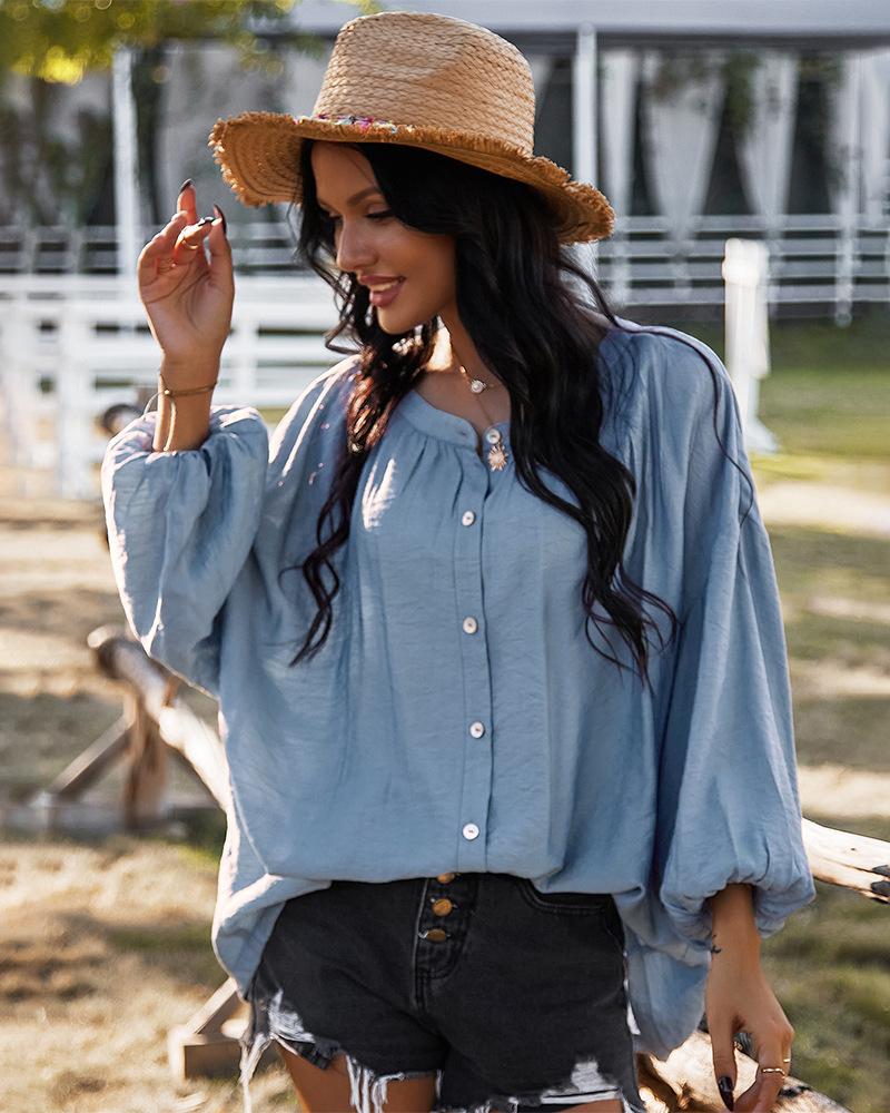 Button Down Gathered Cuff Blouse