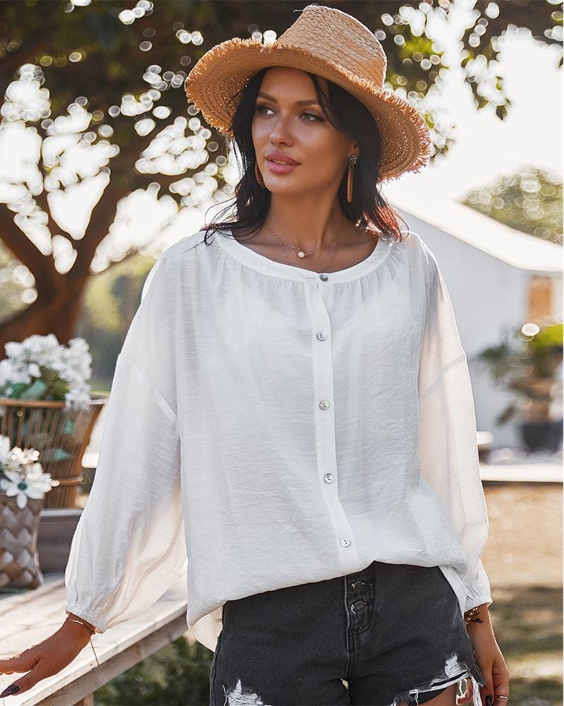 Button Down Gathered Cuff Blouse