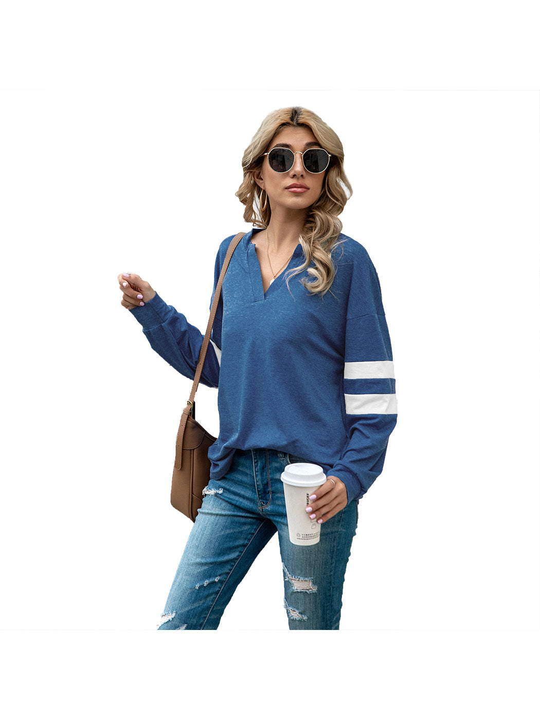V Neck Striped Sleeve Sweater