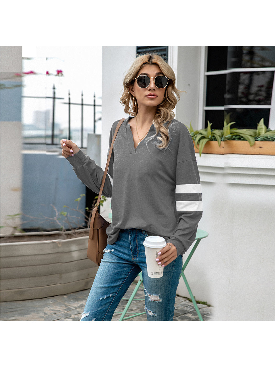 V Neck Striped Sleeve Sweater