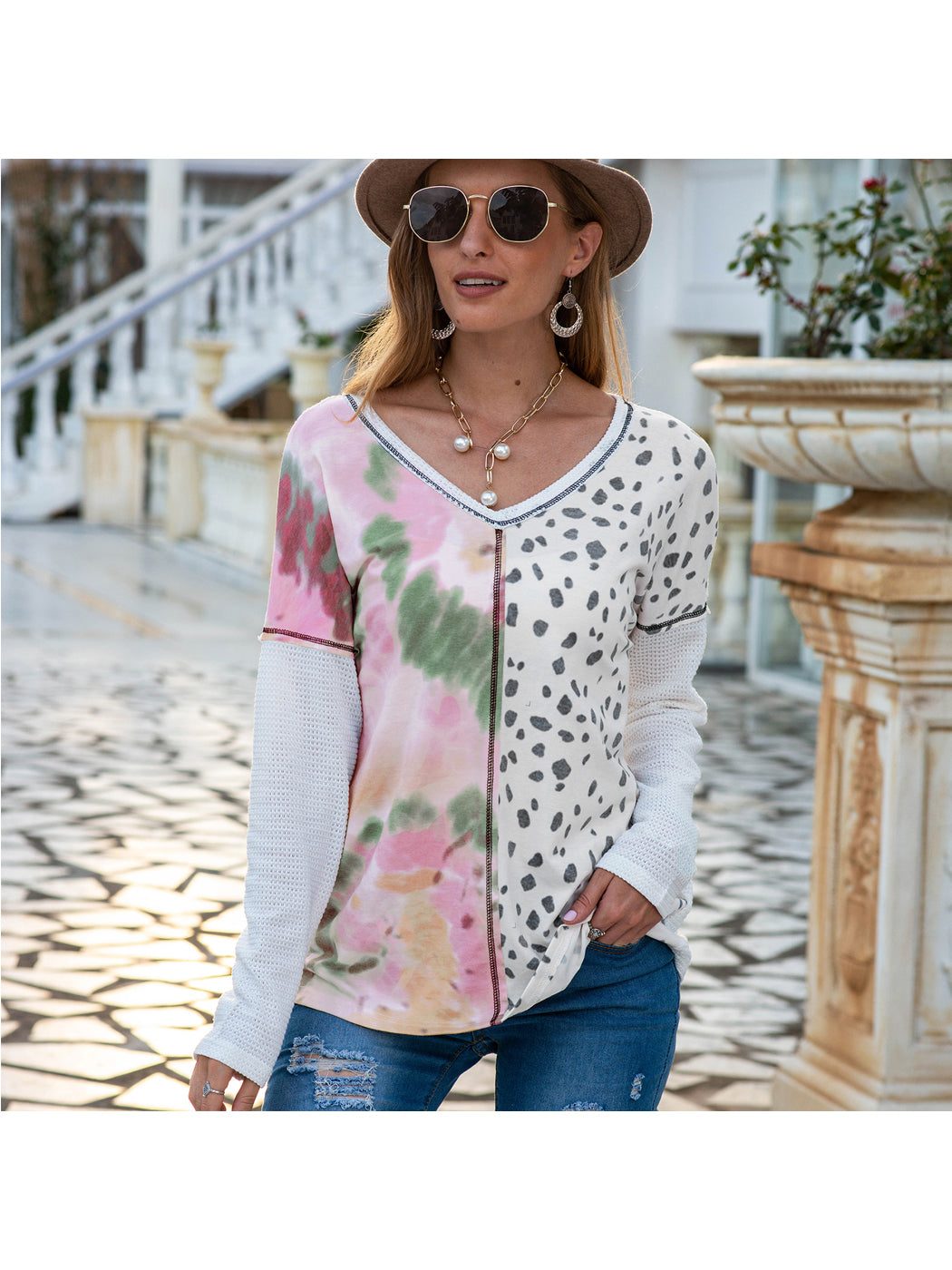 V Neck Mixed Print Mesh Long Sleeve Regular Fit Shirt for