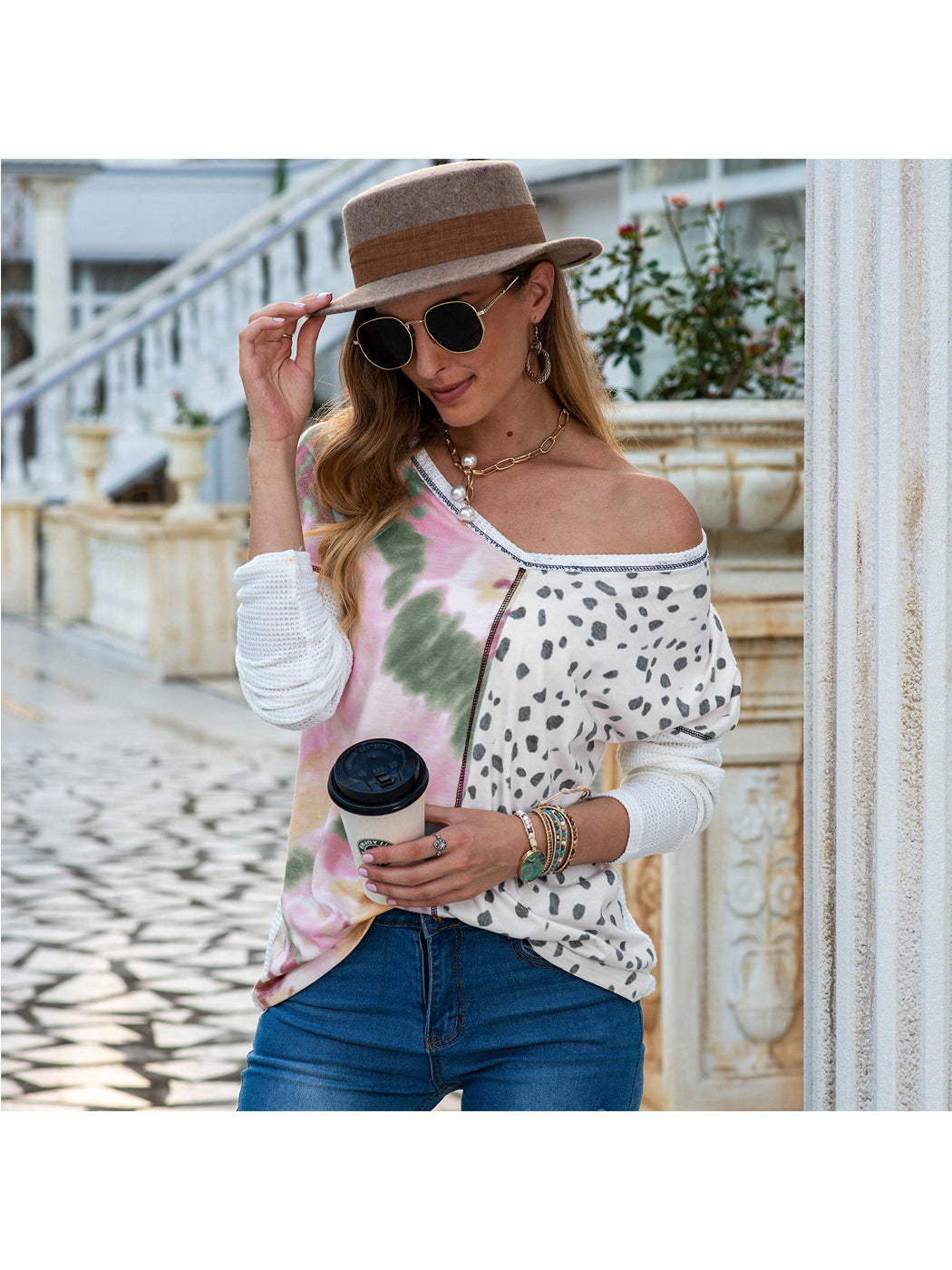 V Neck Mixed Print Mesh Long Sleeve Regular Fit Shirt for