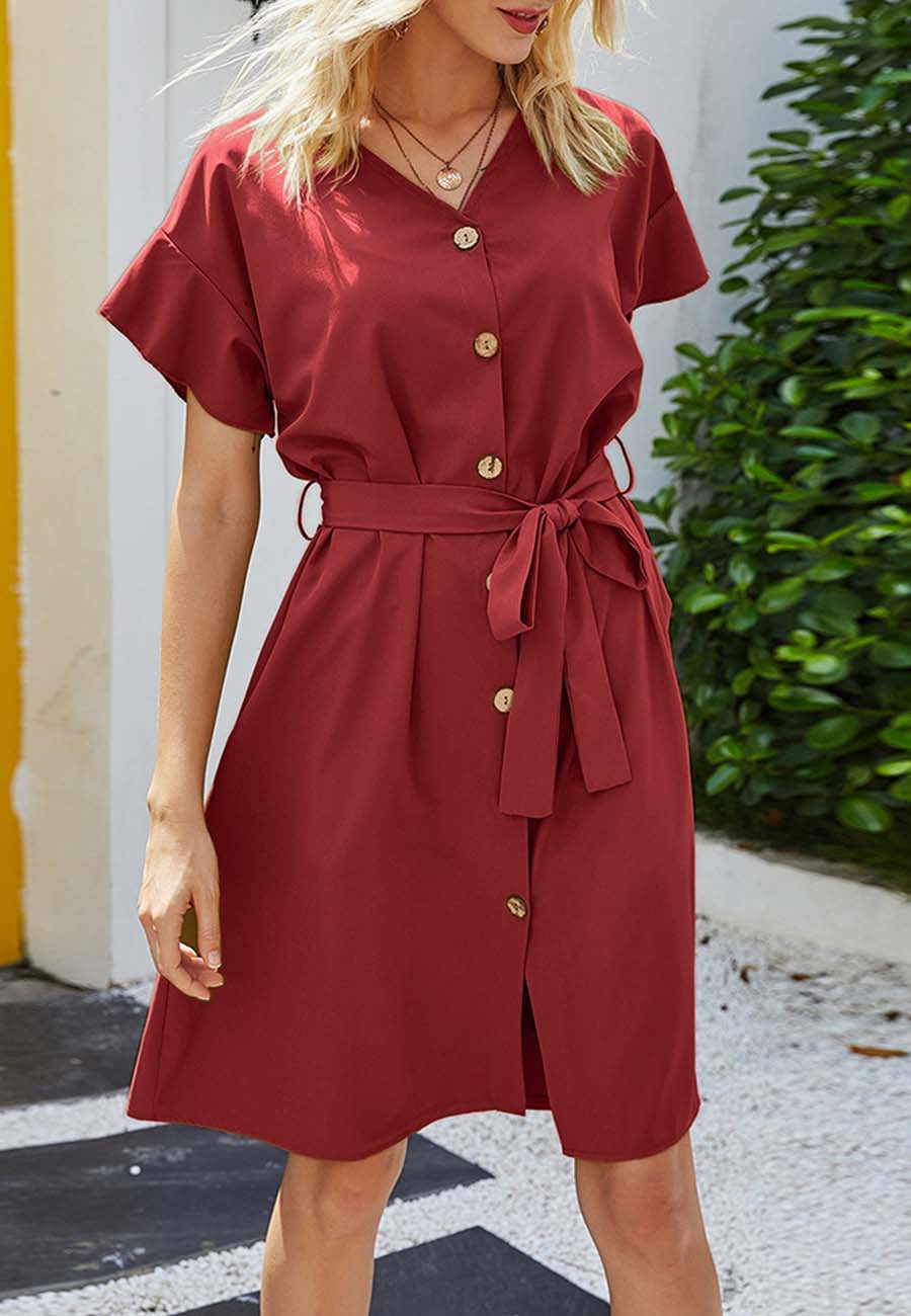 Button Down Ribbon Belt Dress - XL / Burgundy Button Down Ribbon Belt Dress - XL / Burgundy