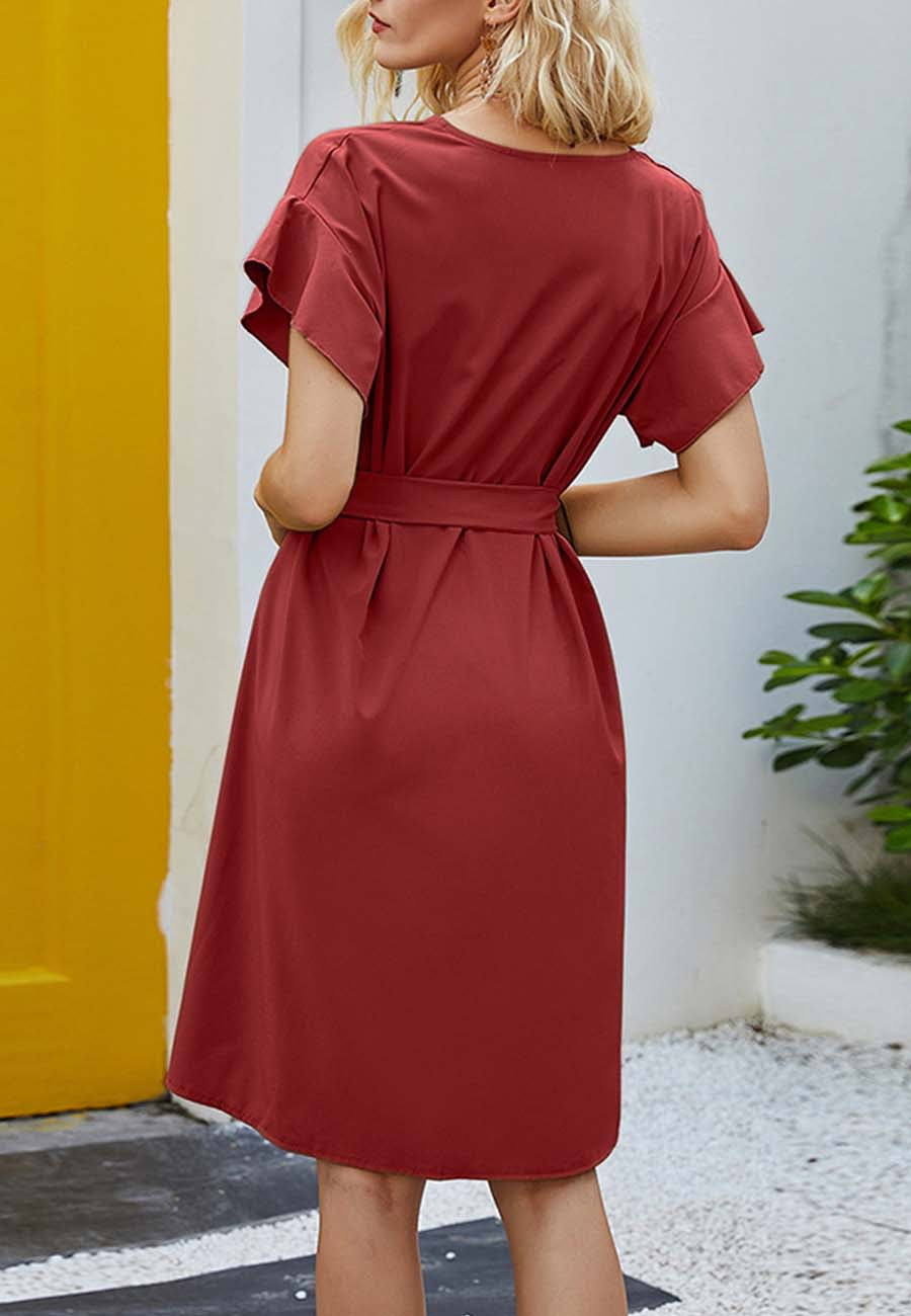 Button Down Short Flounce Sleeve Ribbon Belt Dress for Women – Anna-Kaci