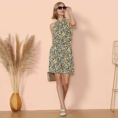 Halter Neck Tie Back Boho Floral Print Sleeveless Elastic Waist Mini Dress