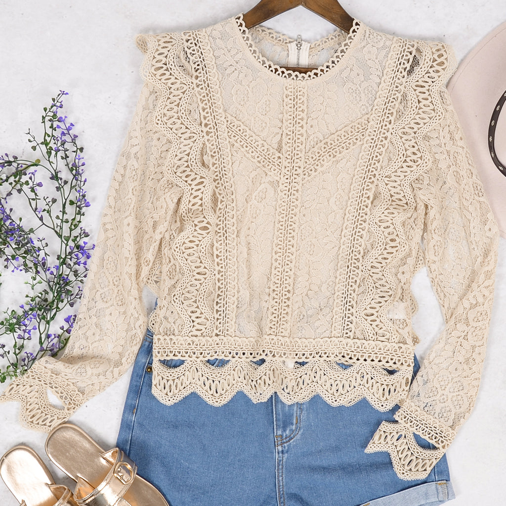 Blusa de encaje de crochet con cremallera