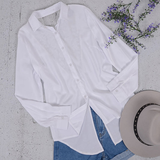 Lace Trim Backless Button Down