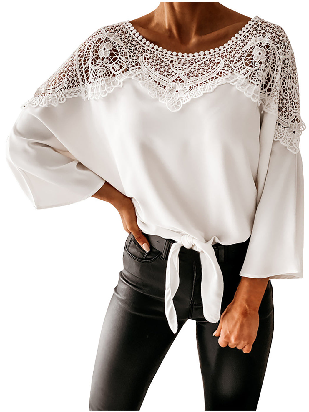 Blusa de gasa con lazo y encaje 