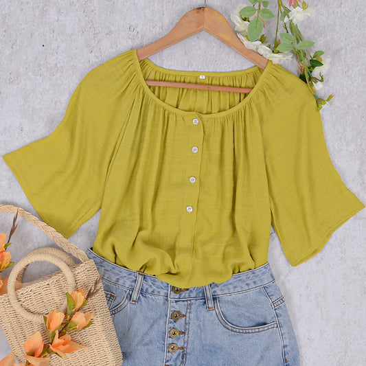 Button Gathered Summer Blouse