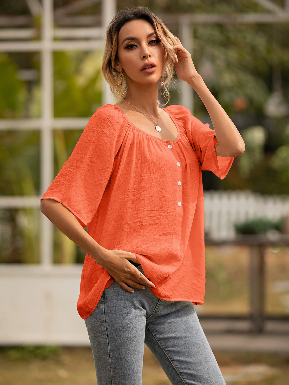 Button Gathered Summer Blouse