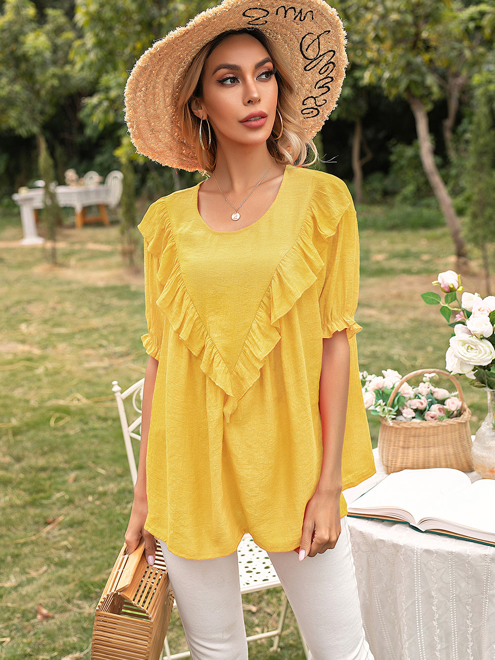 Ruffle V-Drop Tunic Blouse