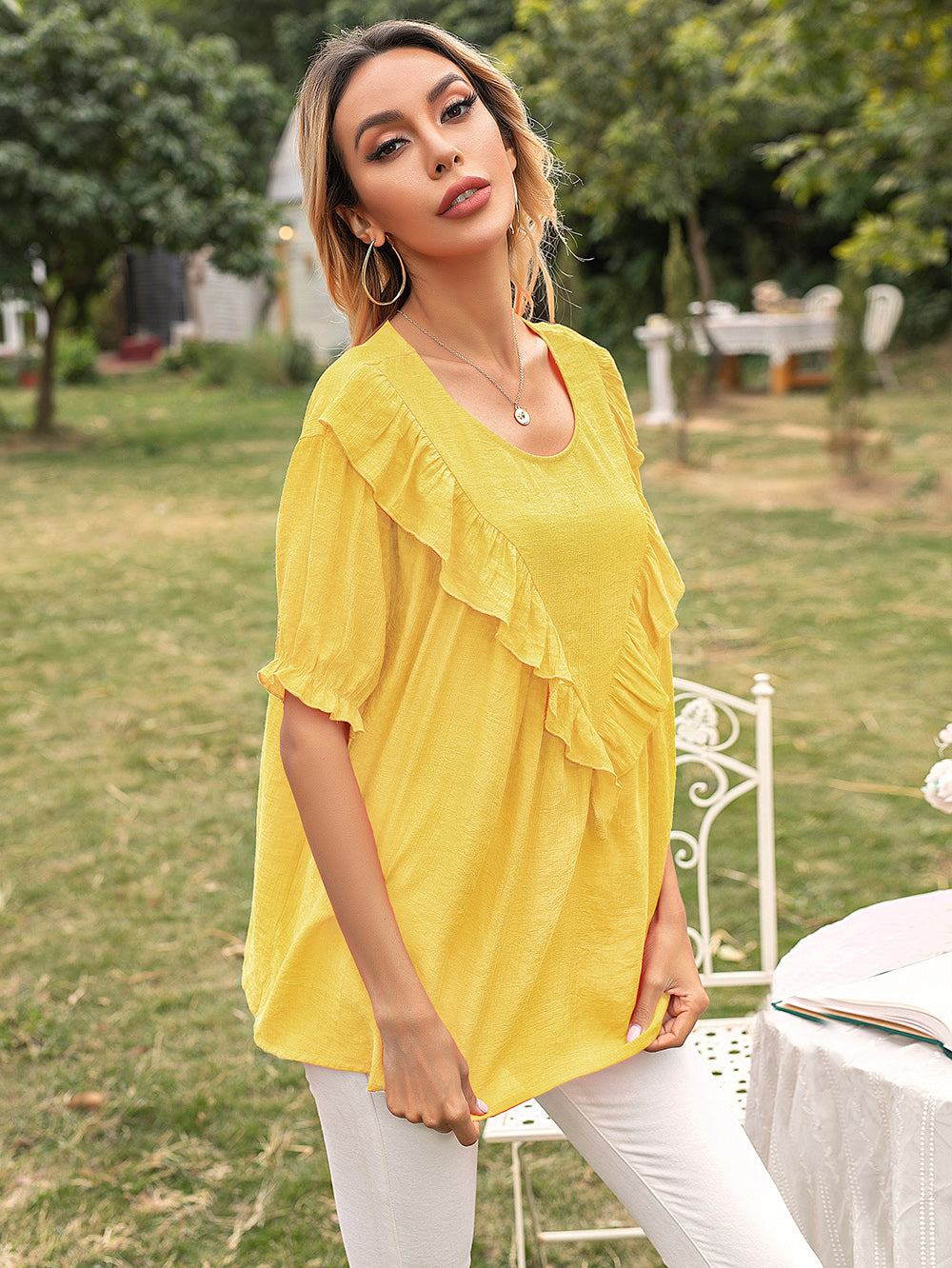 Ruffle V-Drop Tunic Blouse