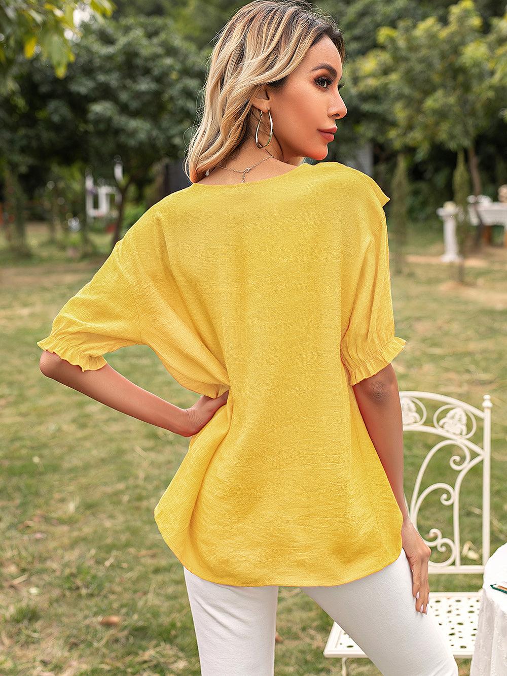 Ruffle V-Drop Tunic Blouse