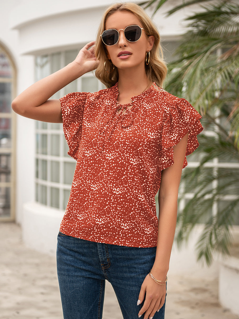 Ruffle Printed Tie Blouse