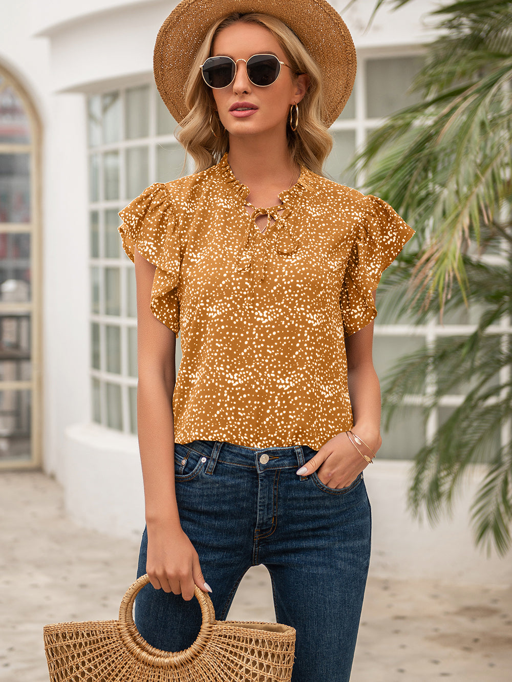 Ruffle Printed Tie Blouse