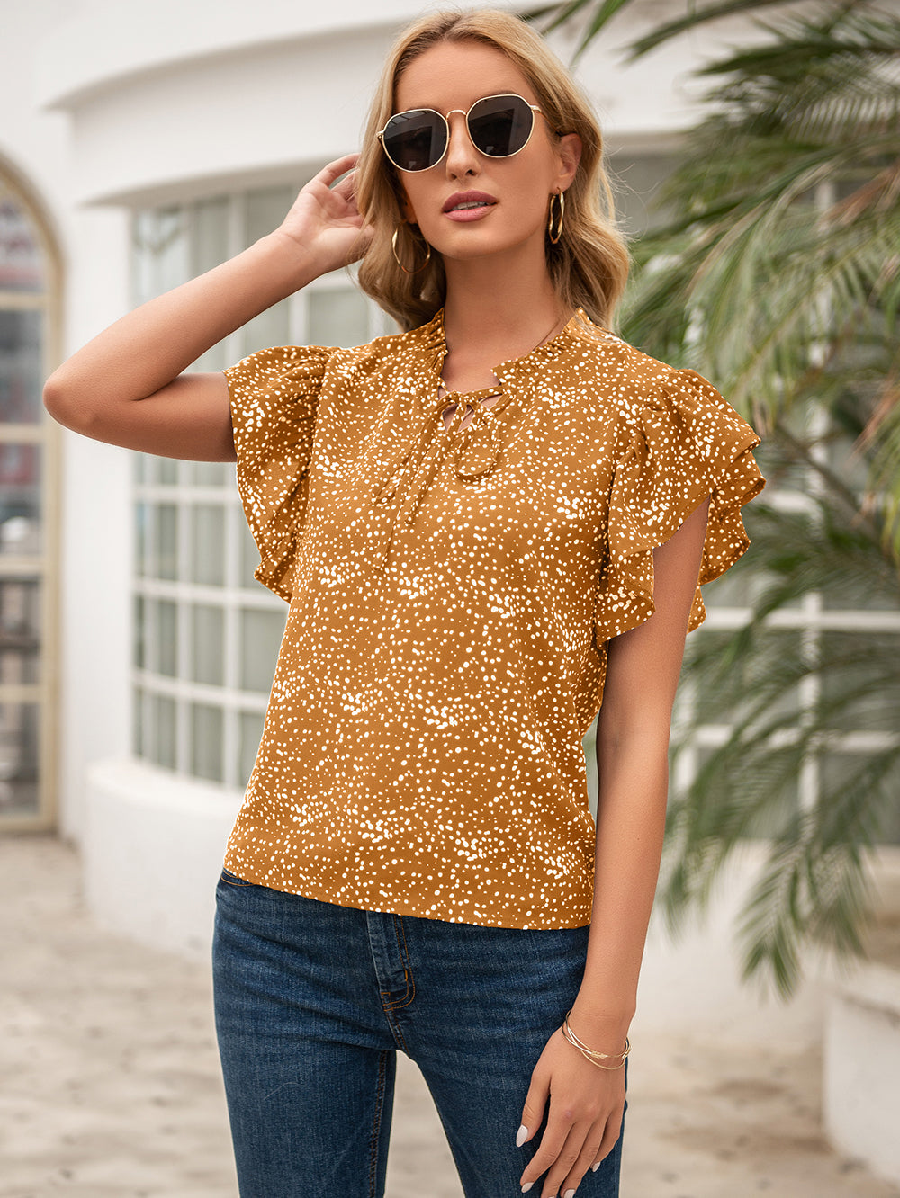 Ruffle Printed Tie Blouse