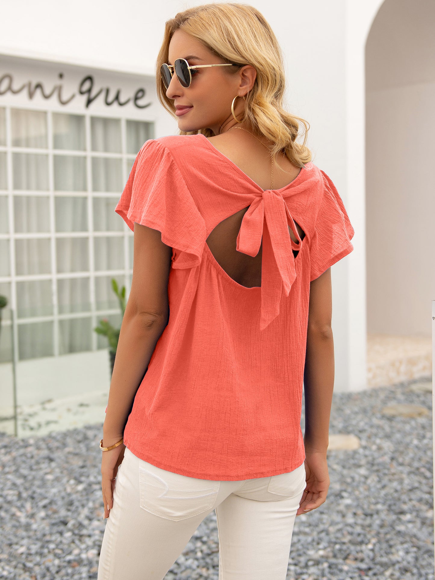 Tied Bow Open Back Summer Blouse