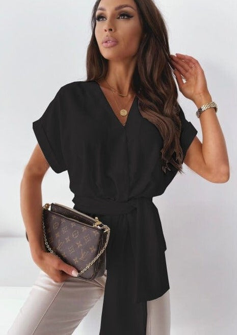 Surplice Neck Belted Blouse
