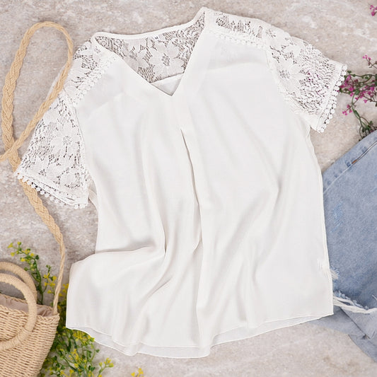 Pleated Lace Sleeve Blouse