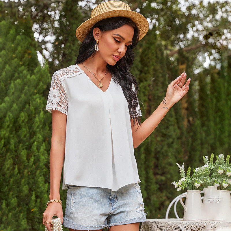 Pleated Lace Sleeve Blouse