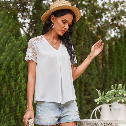 Pleated Lace Sleeve Blouse