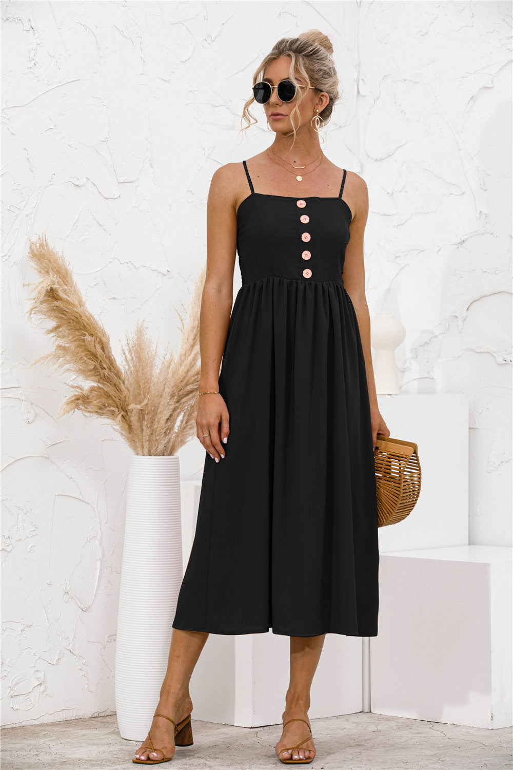 smocked cami midi dress Smocked Back Button Dress