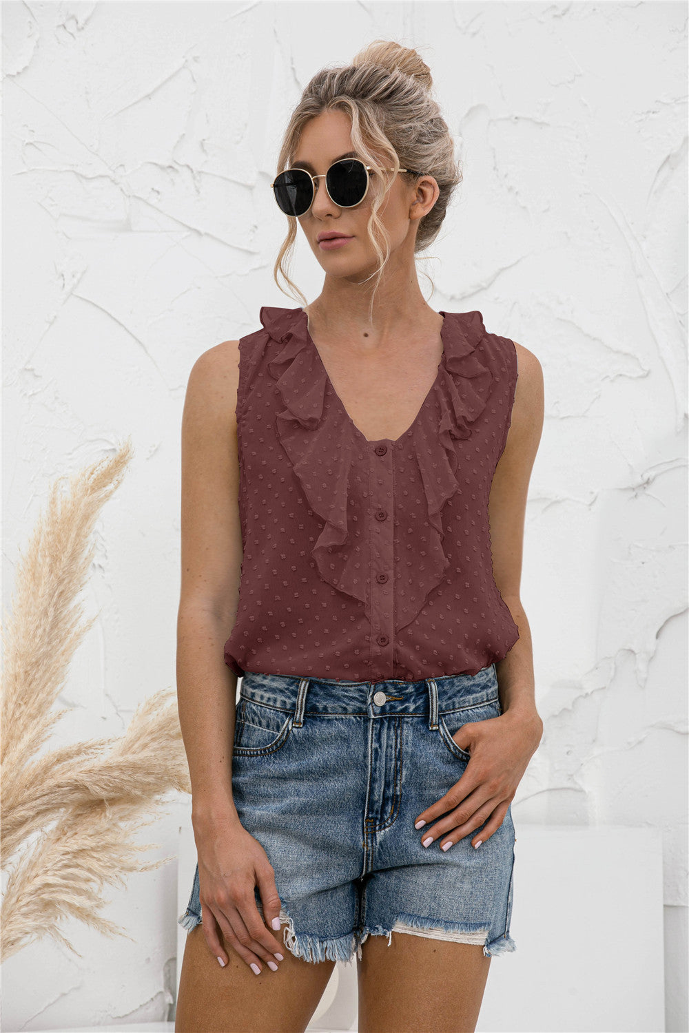 Ruffle Clip-Dot Tank Top