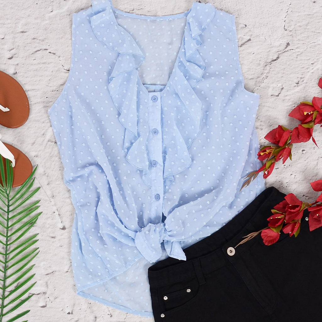 Camiseta sin mangas con lunares y volantes 