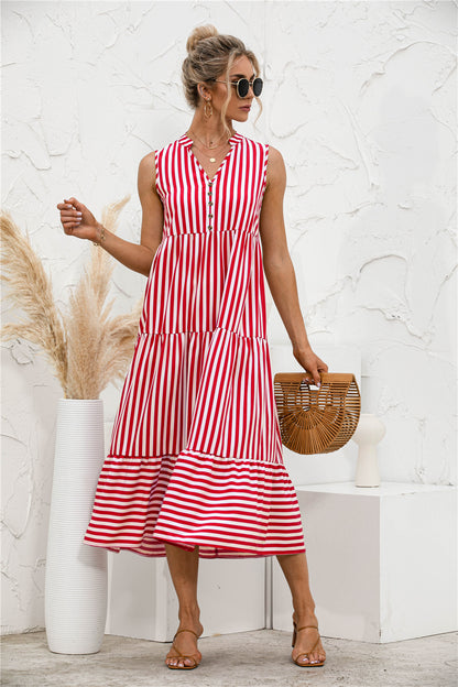 Striped Button Front Long Dress