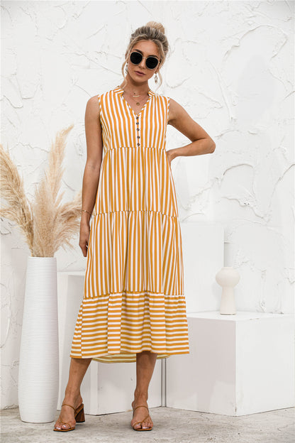 Striped Button Front Long Dress