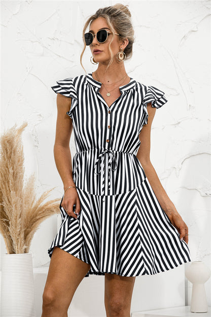Vestido mini túnica con volantes y rayas