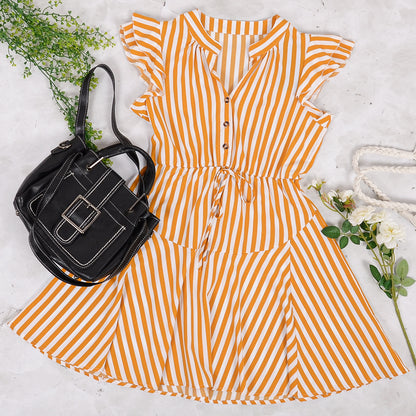 Vestido mini túnica con volantes y rayas