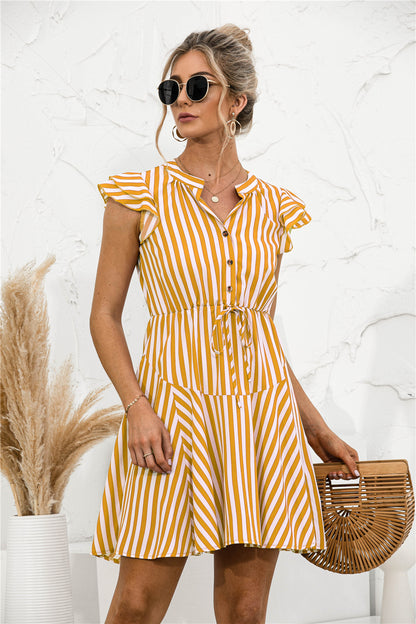 Vestido mini túnica con volantes y rayas