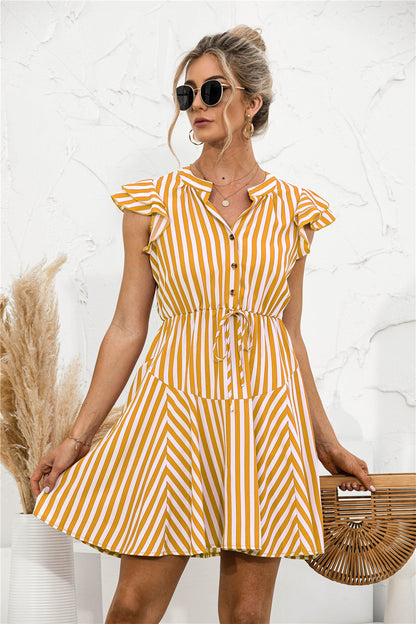 Vestido mini túnica con volantes y rayas