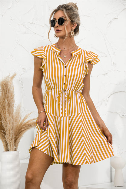 Vestido mini túnica con volantes y rayas