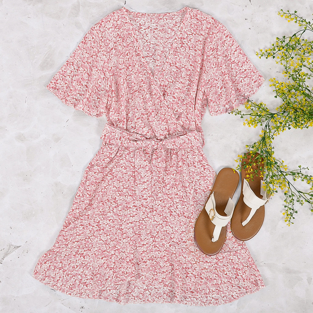 Floral Print Wrap-Tie V-Neck Mini Dress