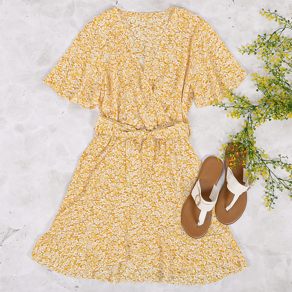 Floral Print Wrap-Tie V-Neck Mini Dress