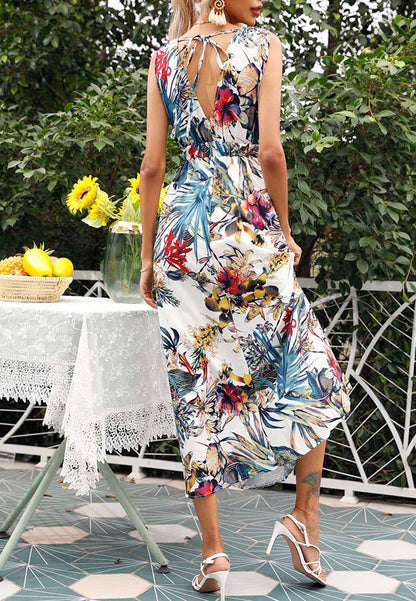 Tie Back Tropical Print Dress