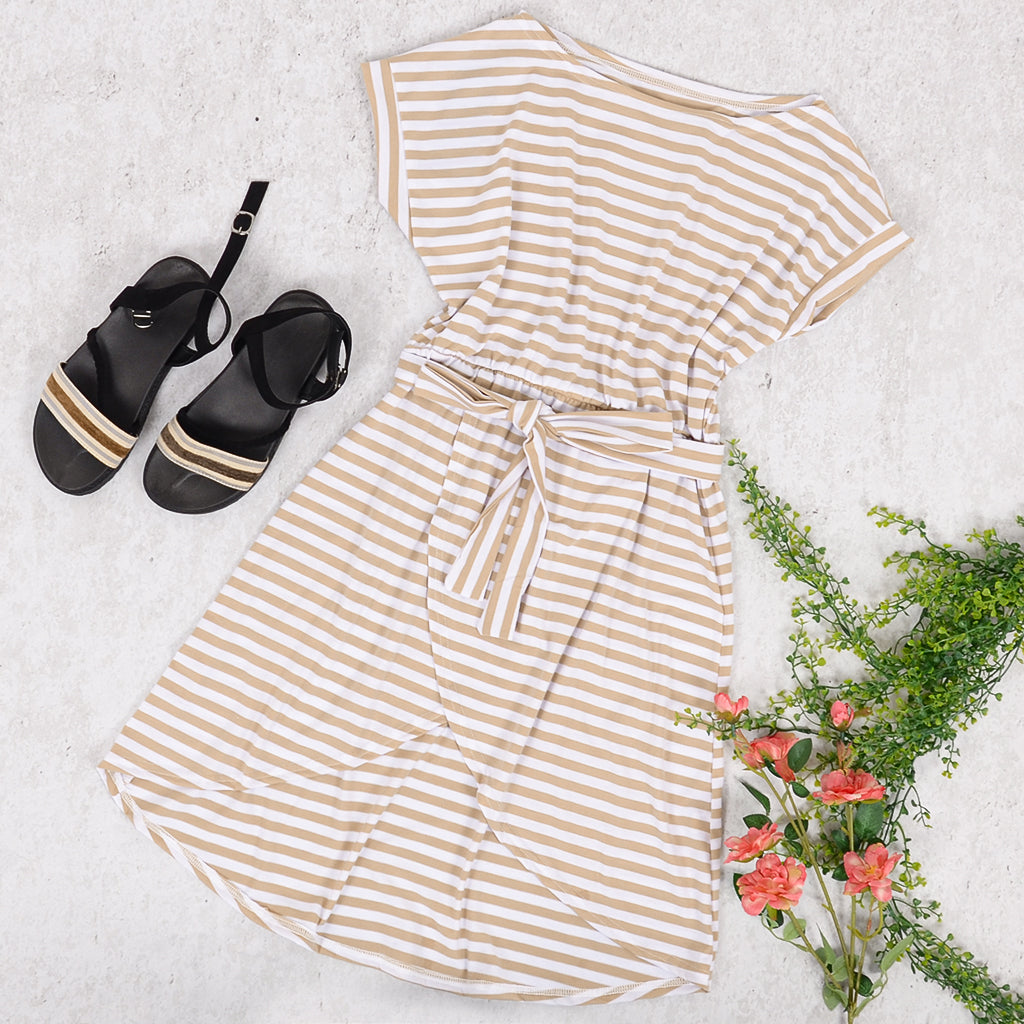 Striped Tied Waist Off One Shoulder Tulip High Low Dress for